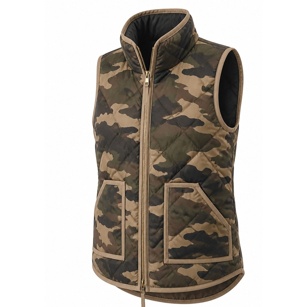 J Crew Down Quilted Puffer Vest Womens Large Camo Print Full Zip Gorpcore